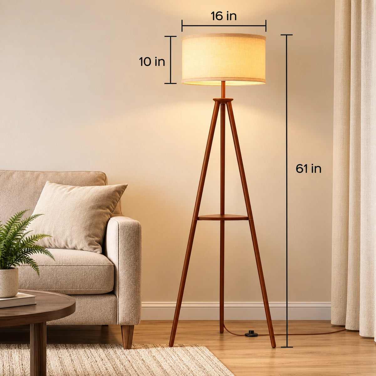Mid-Century Tripod Floor Lamp with Shelf