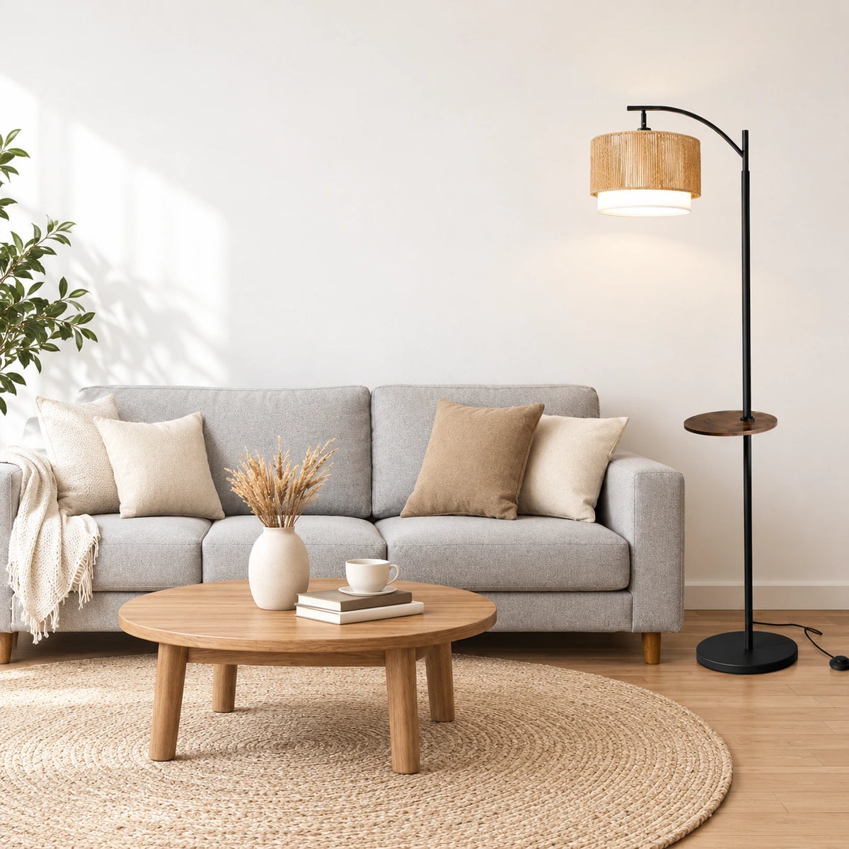 Rattan Arc Floor Lamp with Rotating Side Table