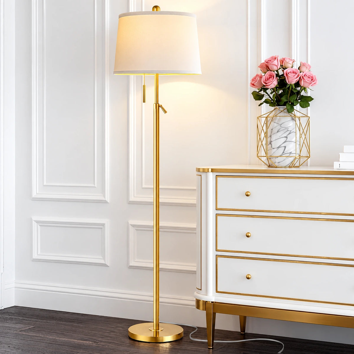 Adjustable Brass Floor Lamp with Drum Shade