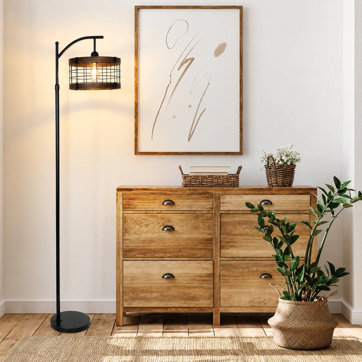 Rustic Industrial Arc Floor Lamp with Cage Shade