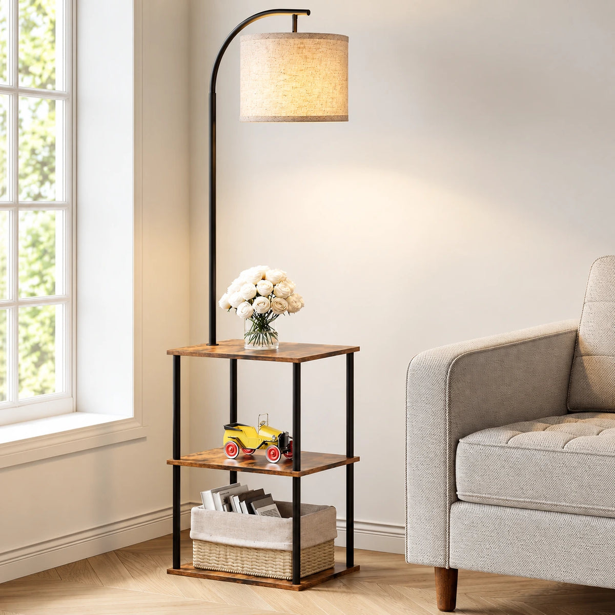 Modern Floor Lamp with Table & Storage Shelves