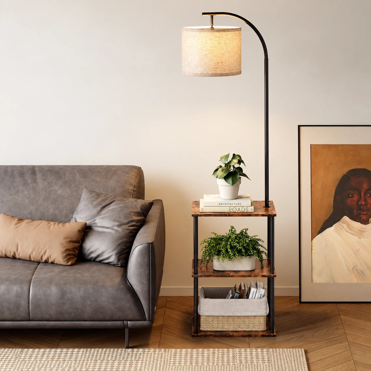 Modern Floor Lamp with Table & Storage Shelves