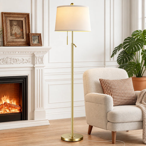 Adjustable Brass Floor Lamp with Drum Shade