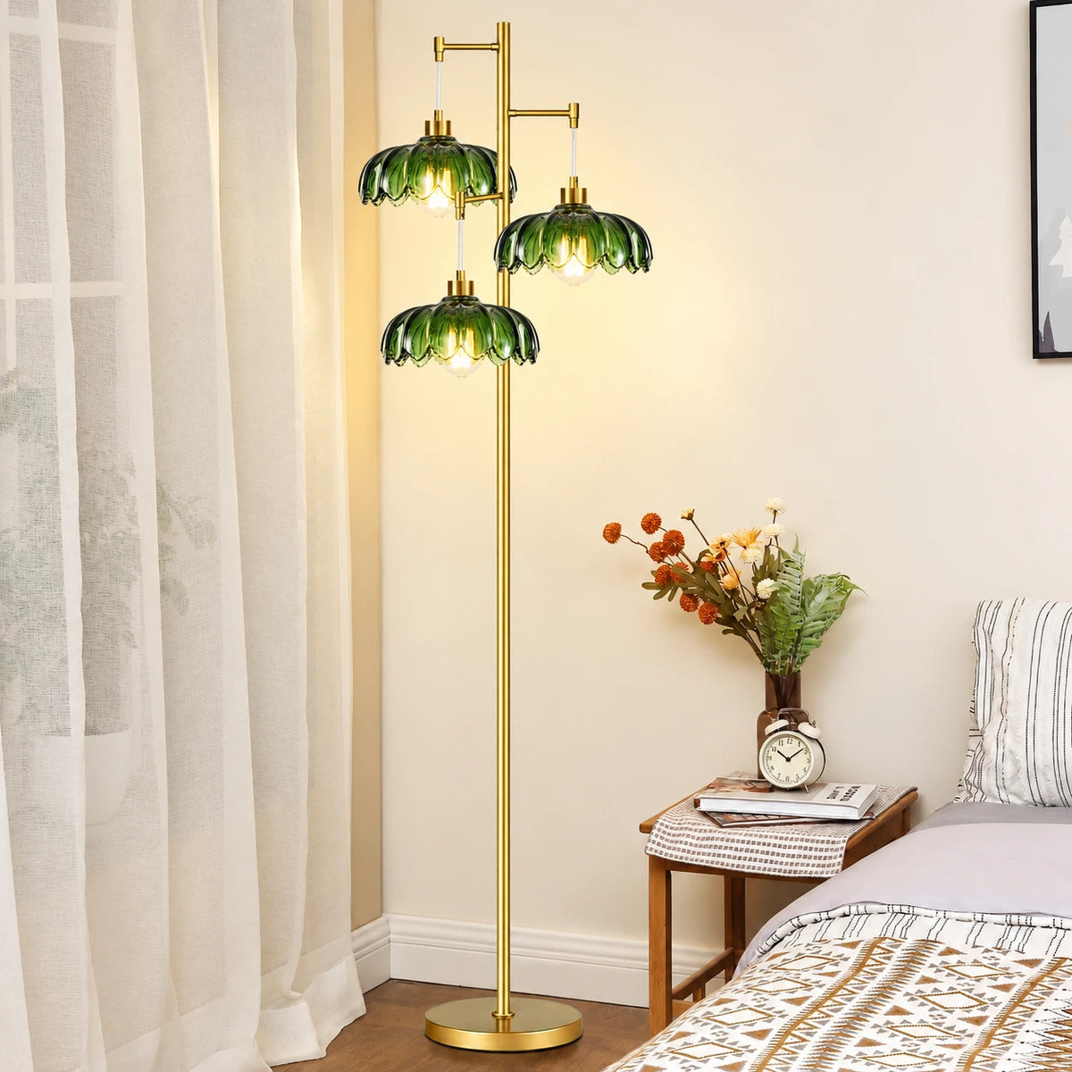 Floral Brass Tree Floor Lamp with Glass Shades