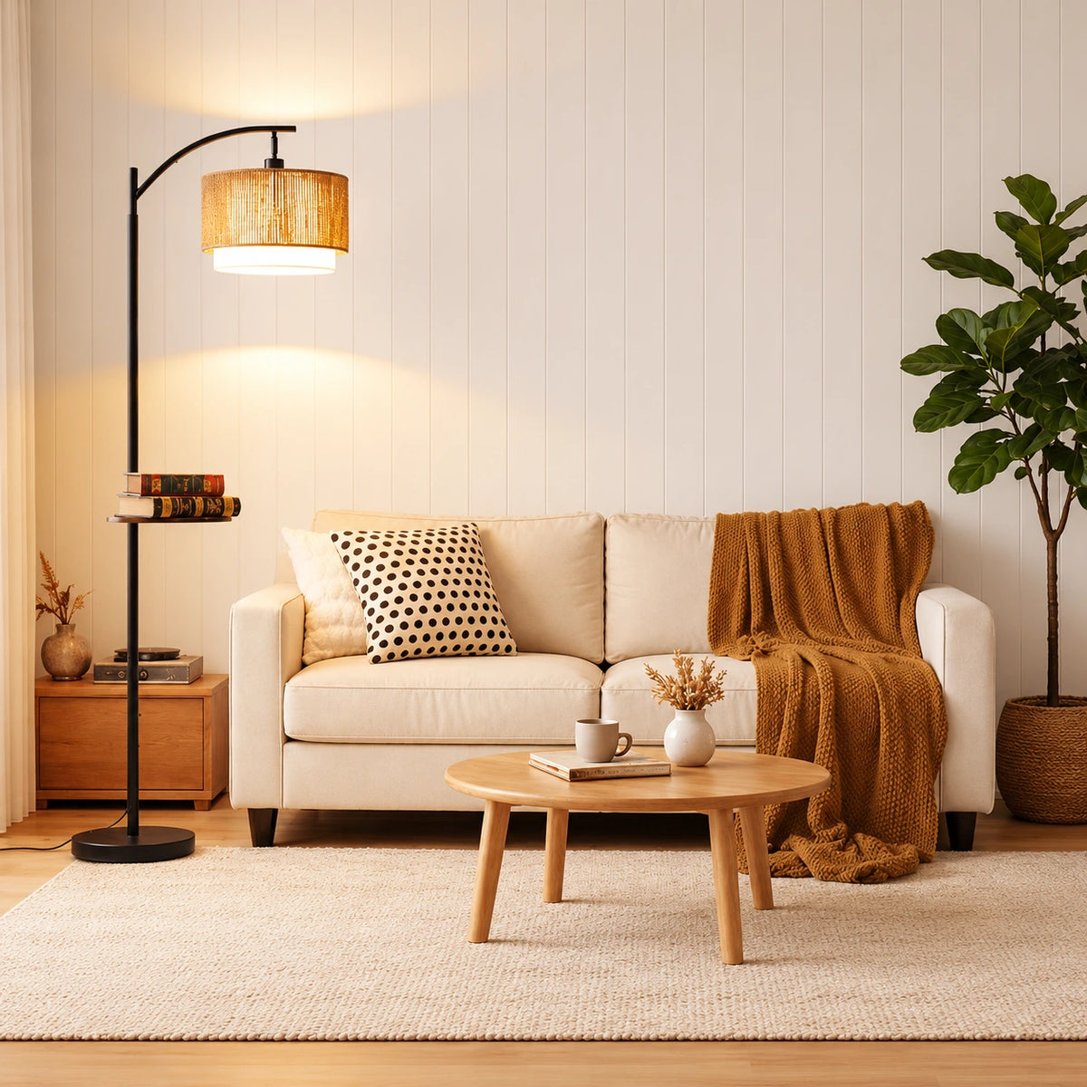 Rattan Arc Floor Lamp with Rotating Side Table