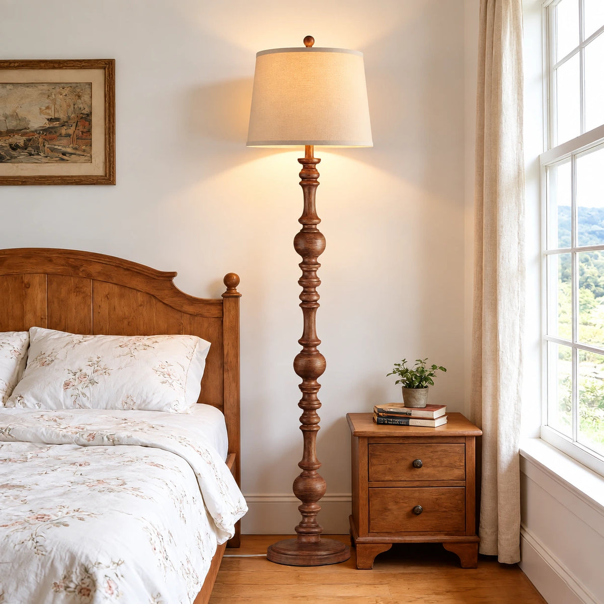 Vintage Farmhouse Floor Lamp with Linen Shade