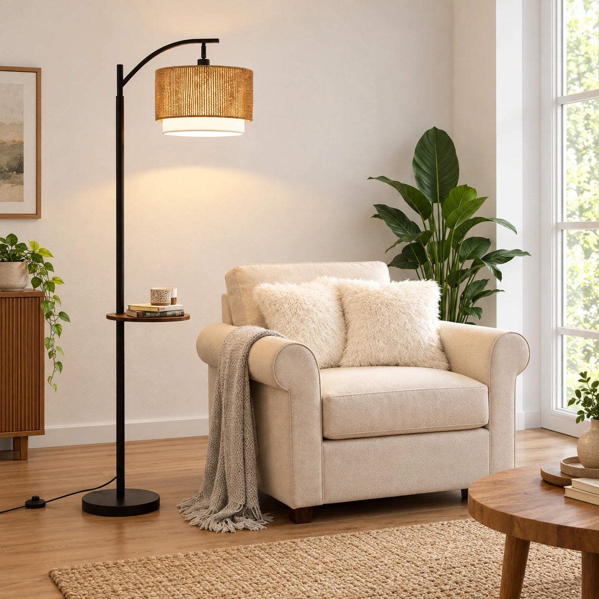 Rattan Arc Floor Lamp with Rotating Side Table