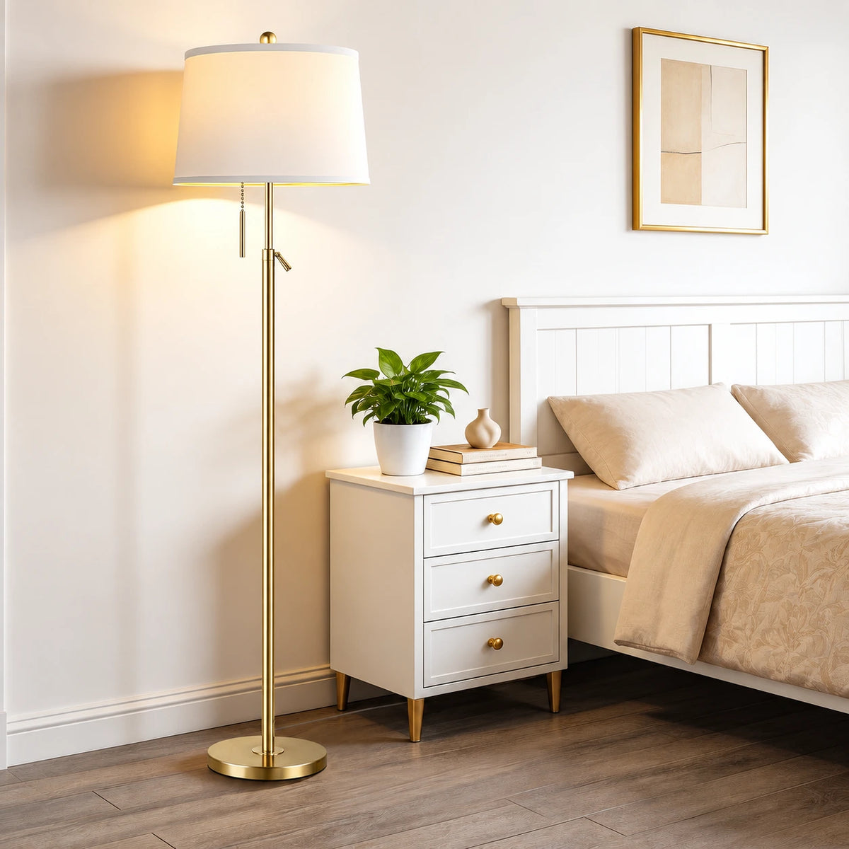 Adjustable Brass Floor Lamp with Drum Shade