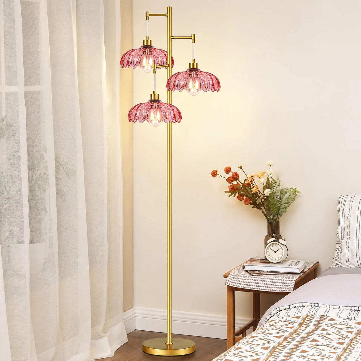 Floral Brass Tree Floor Lamp with Glass Shades