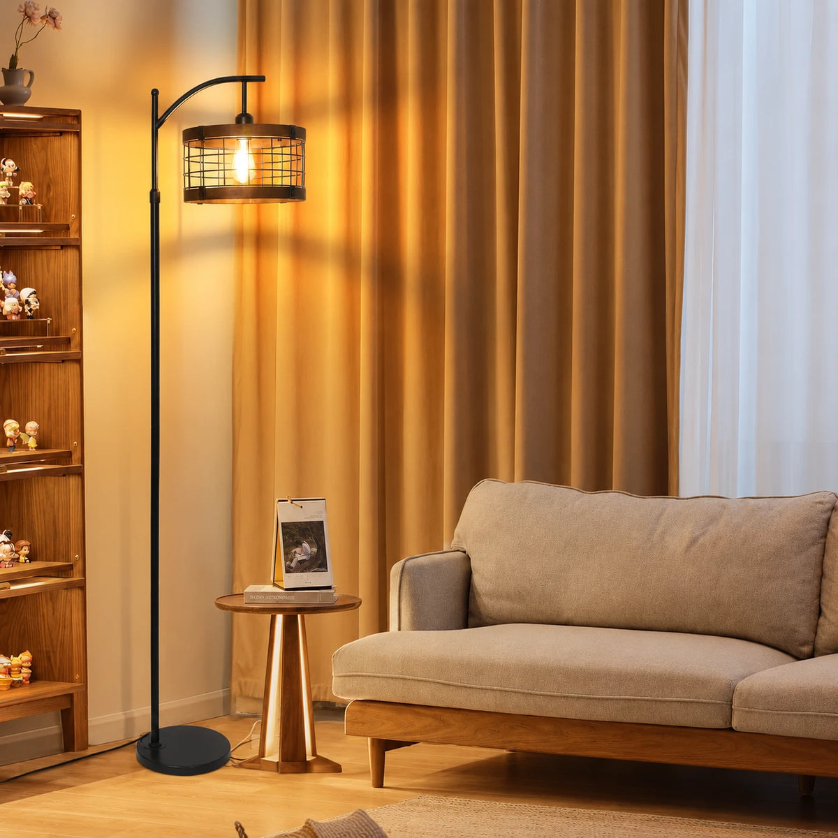 Rustic Industrial Arc Floor Lamp with Cage Shade