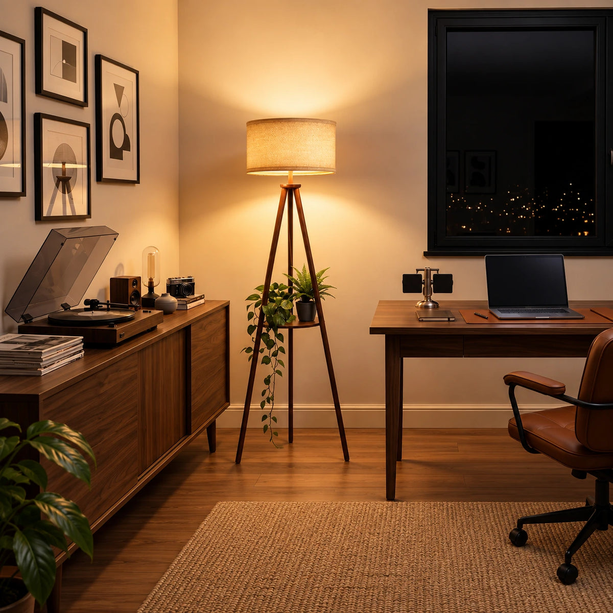 Mid-Century Tripod Floor Lamp with Shelf