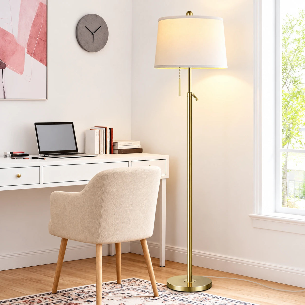 Adjustable Brass Floor Lamp with Drum Shade