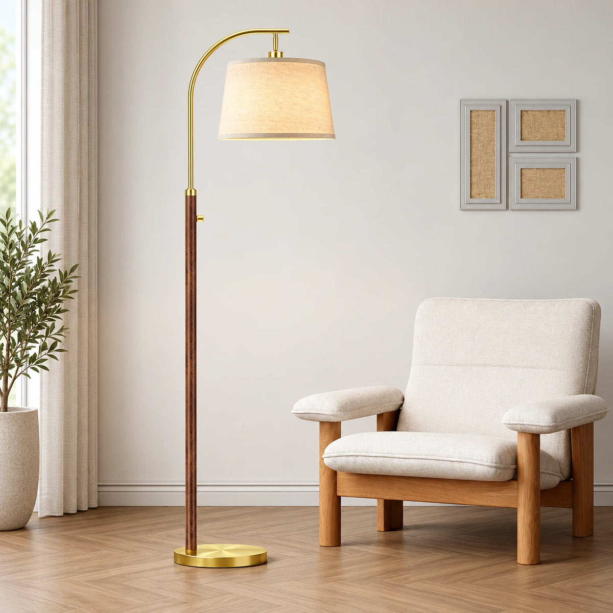 Mid Century Arc Floor Lamp with Linen Shade