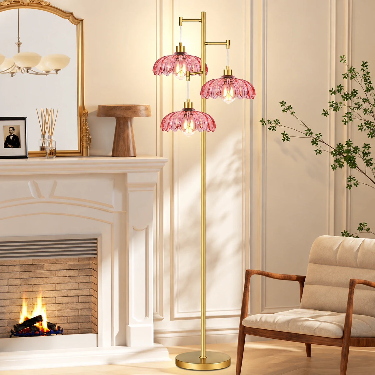 Floral Brass Tree Floor Lamp with Glass Shades