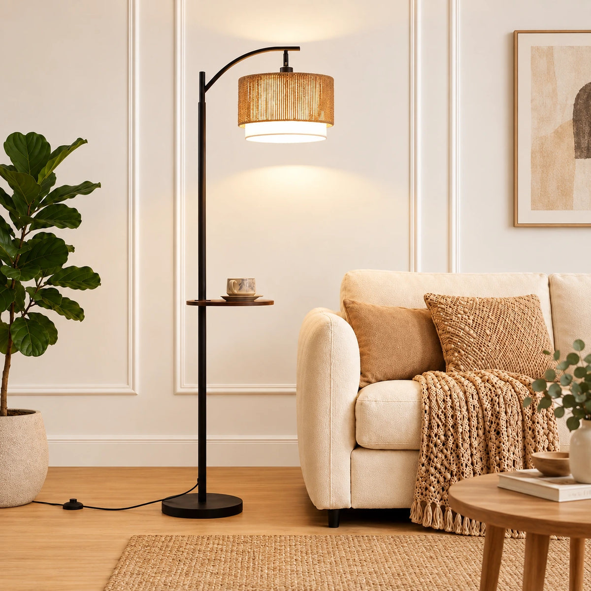 Rattan Arc Floor Lamp with Rotating Side Table