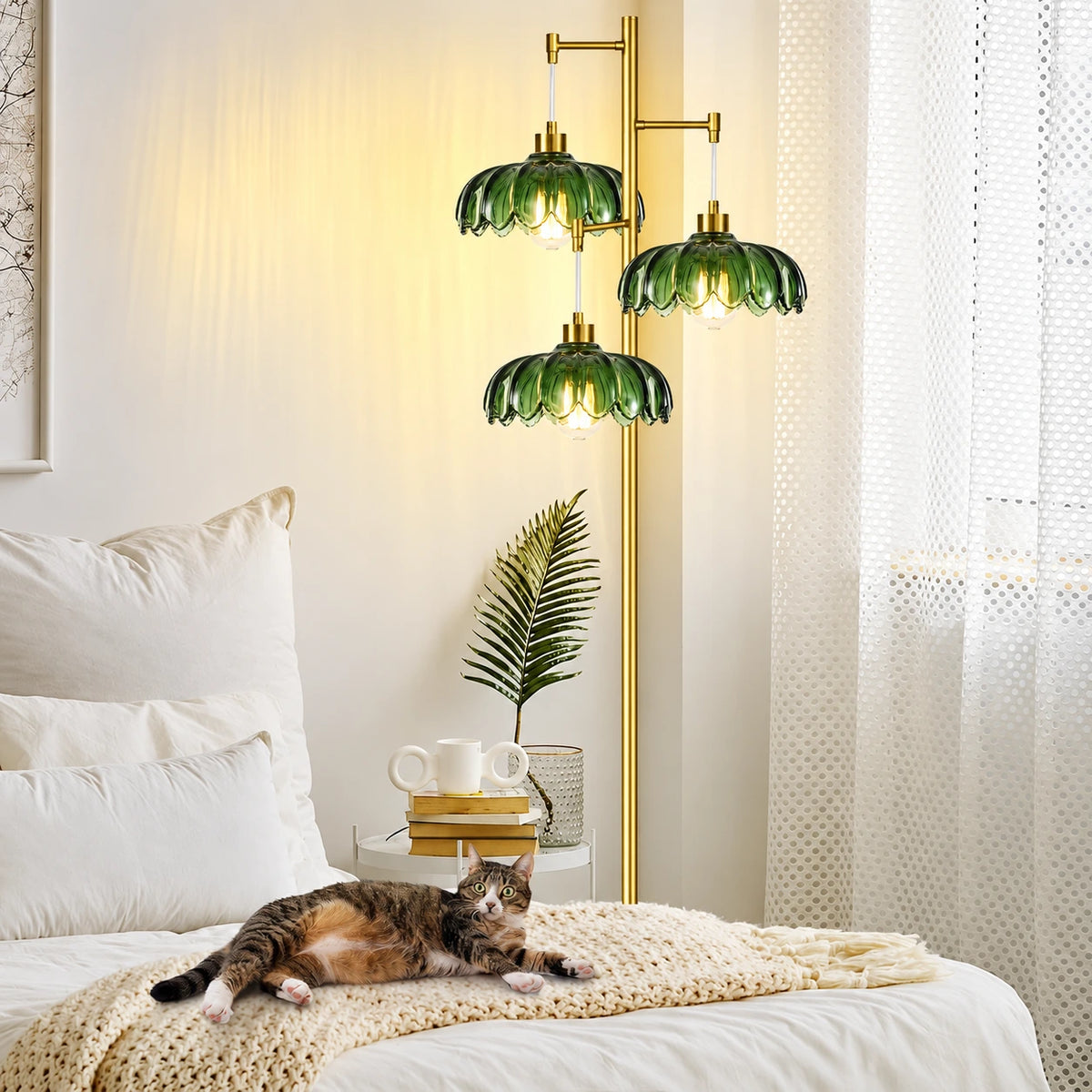 Floral Brass Tree Floor Lamp with Glass Shades