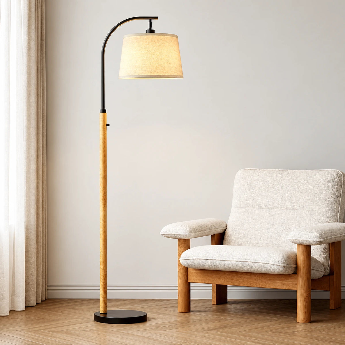 Mid Century Arc Floor Lamp with Linen Shade