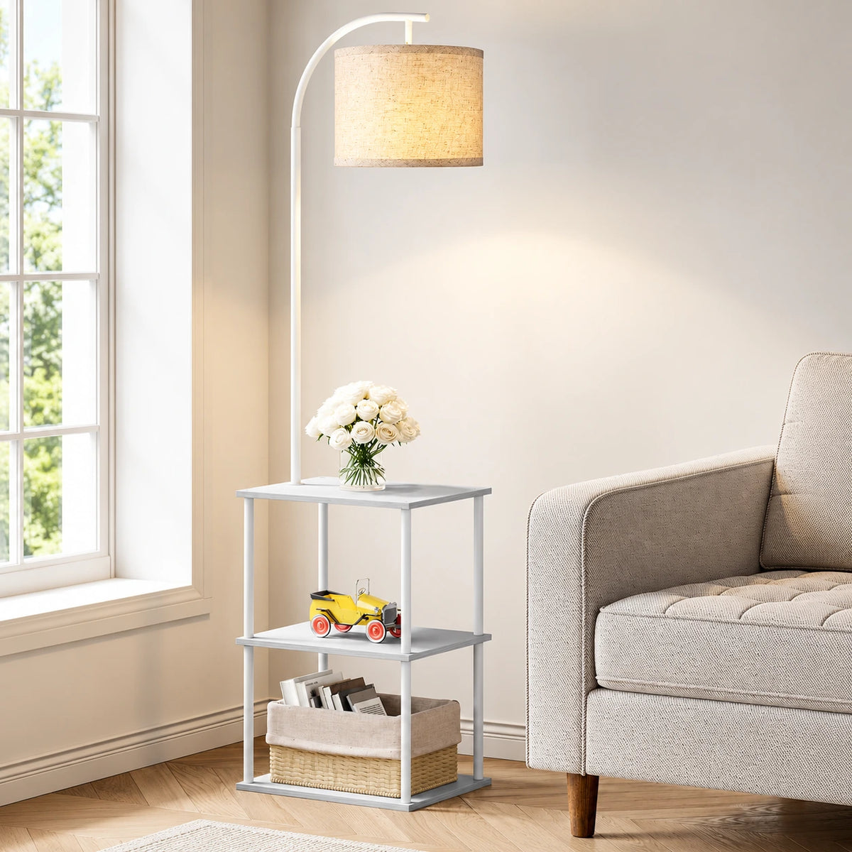 Modern Floor Lamp with Table & Storage Shelves