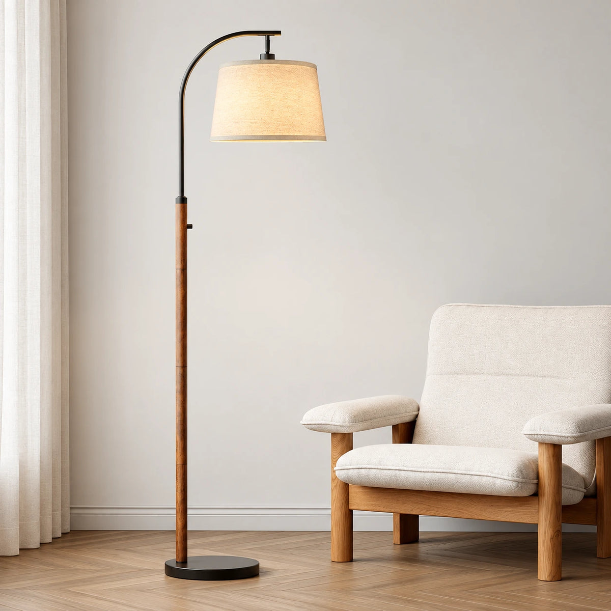 Mid Century Arc Floor Lamp with Linen Shade