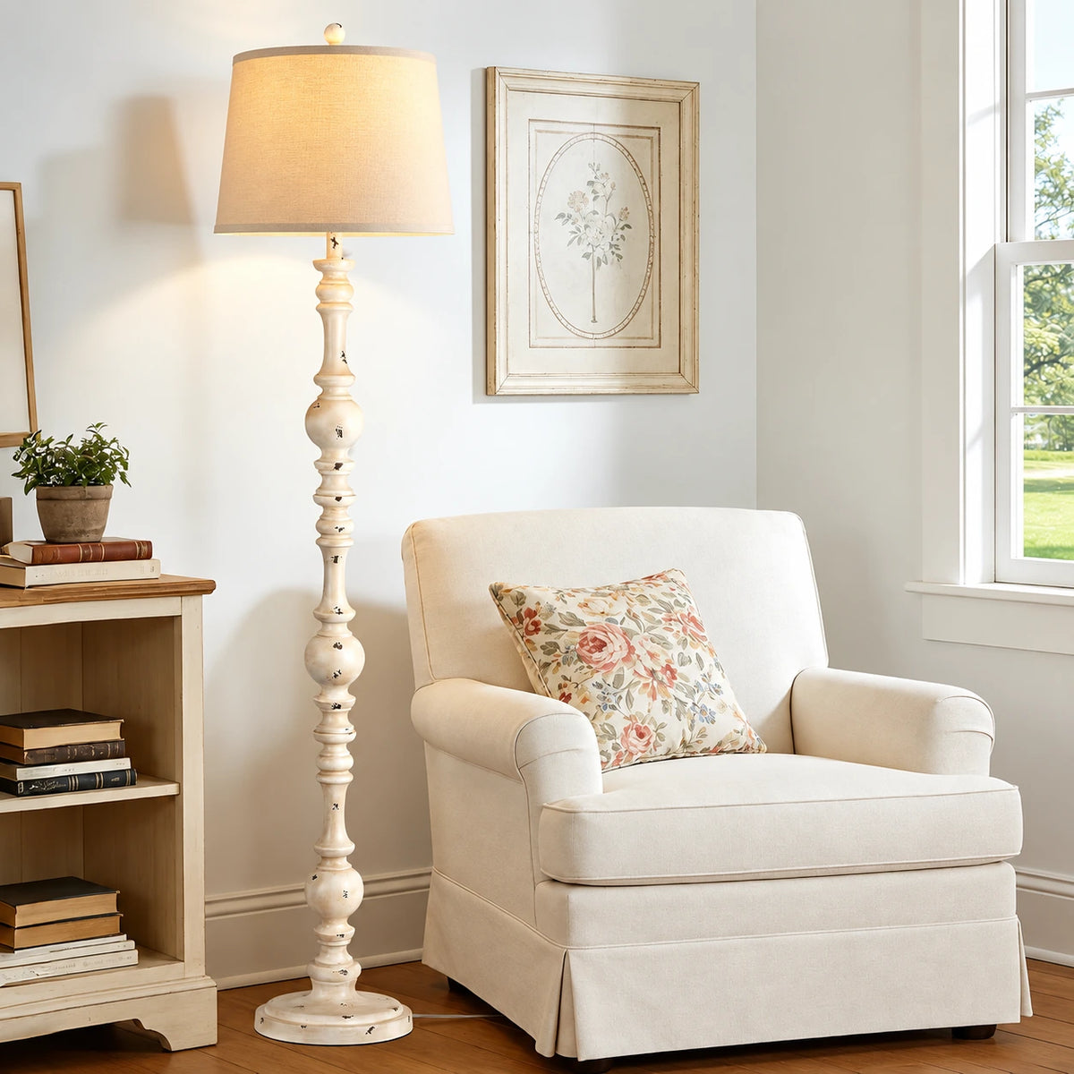 Vintage Farmhouse Floor Lamp with Linen Shade