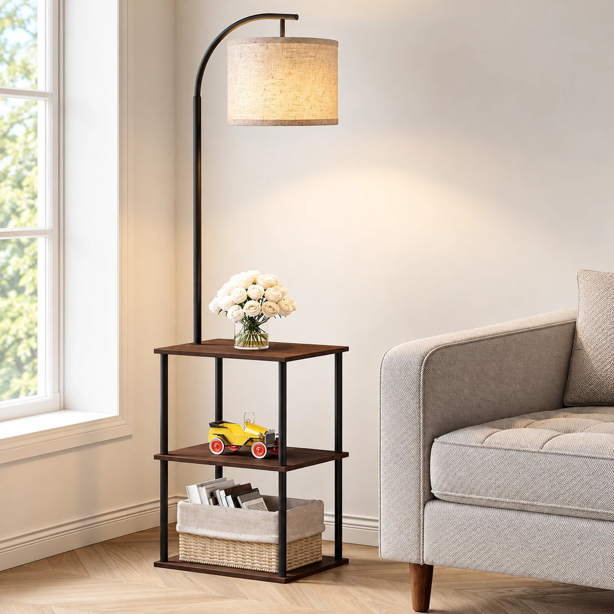 Modern Floor Lamp with Table & Storage Shelves
