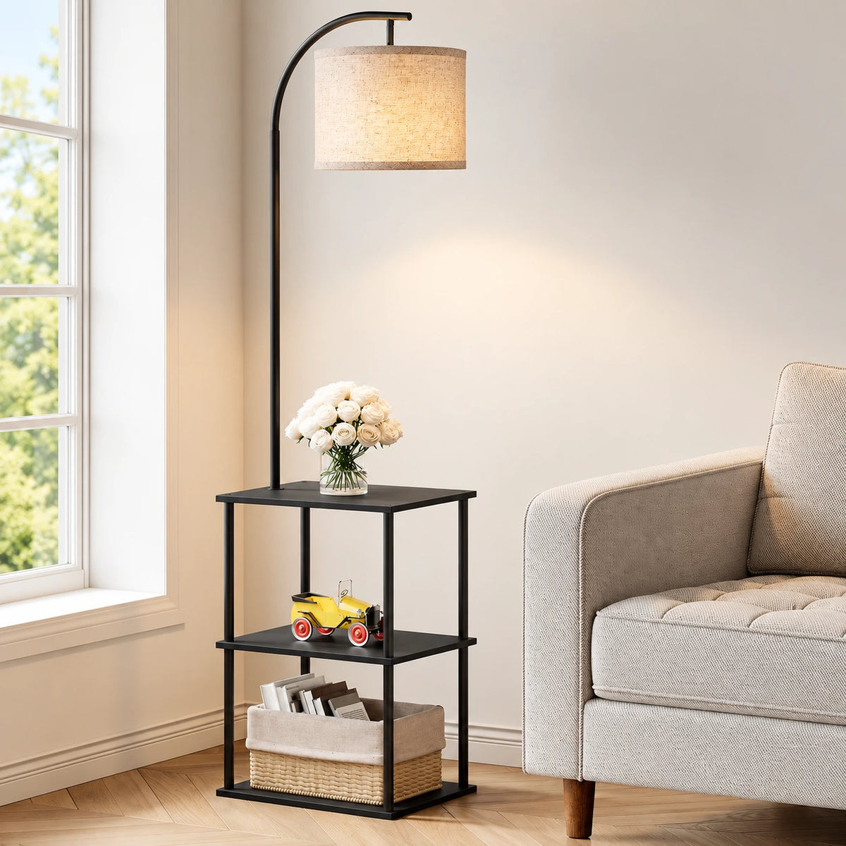 Modern Floor Lamp with Table & Storage Shelves