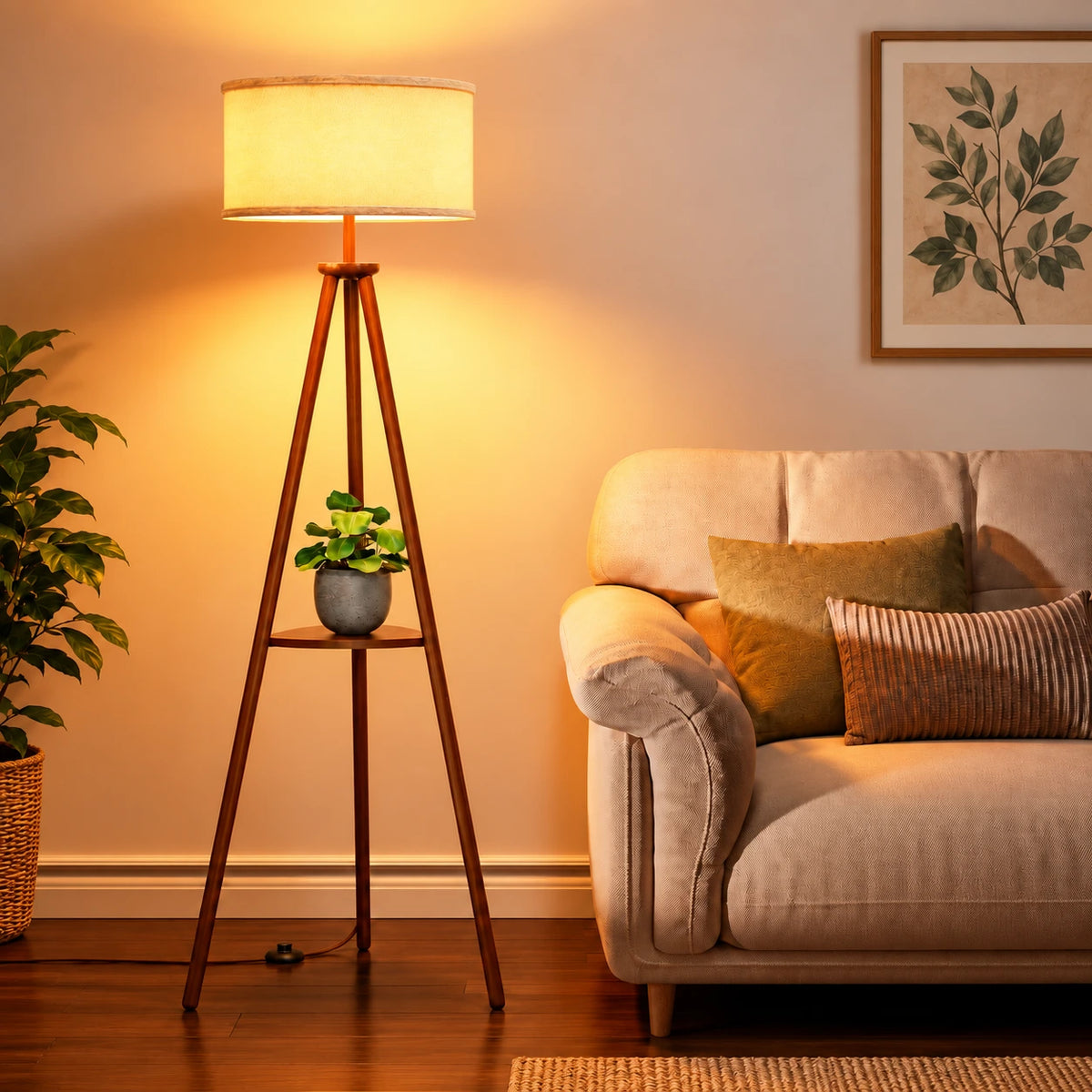 Mid-Century Tripod Floor Lamp with Shelf