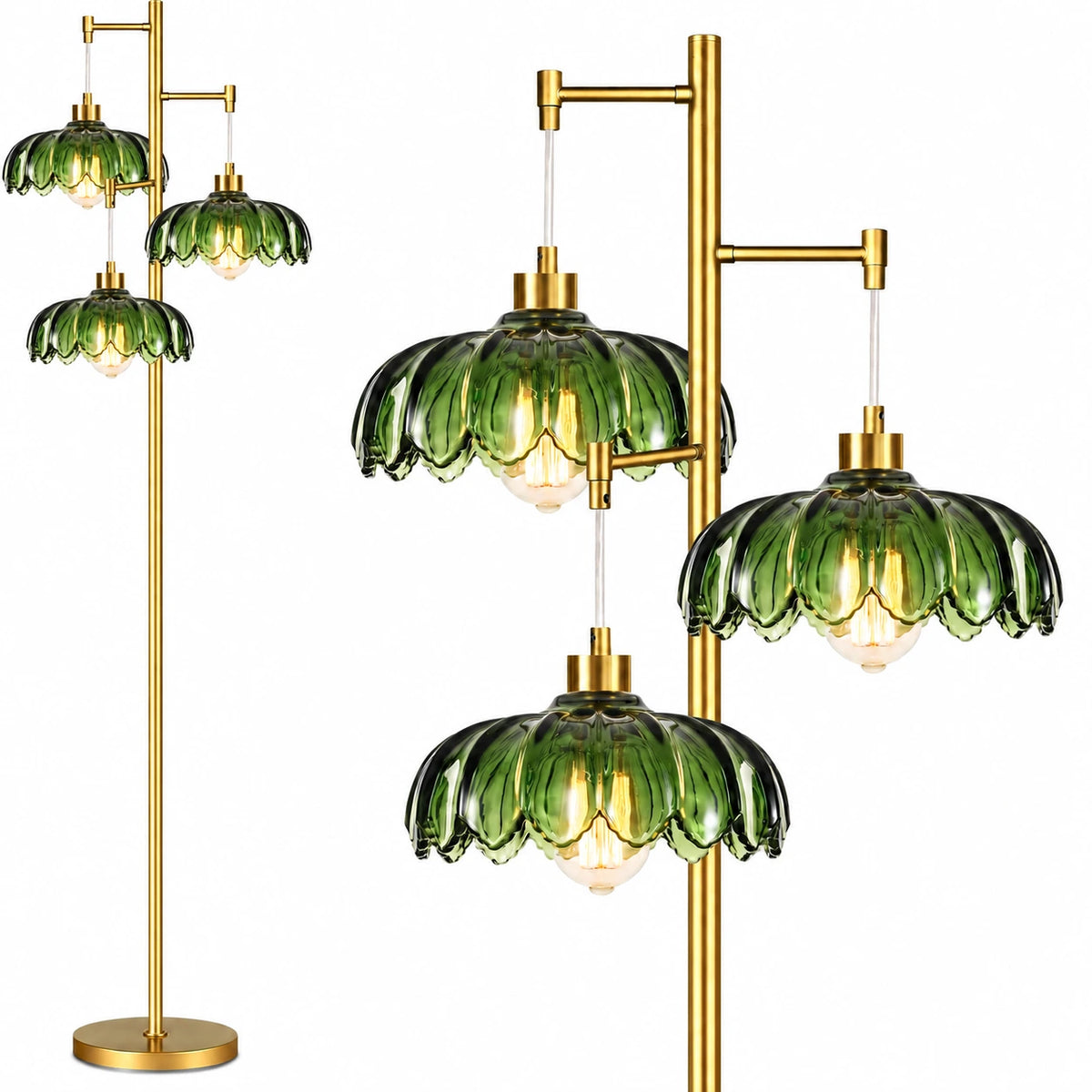 Floral Brass Tree Floor Lamp with Glass Shades