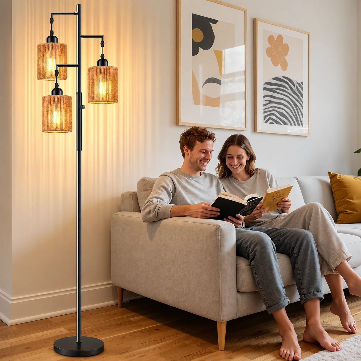 Industrial Rattan-Style Tree Floor Lamp