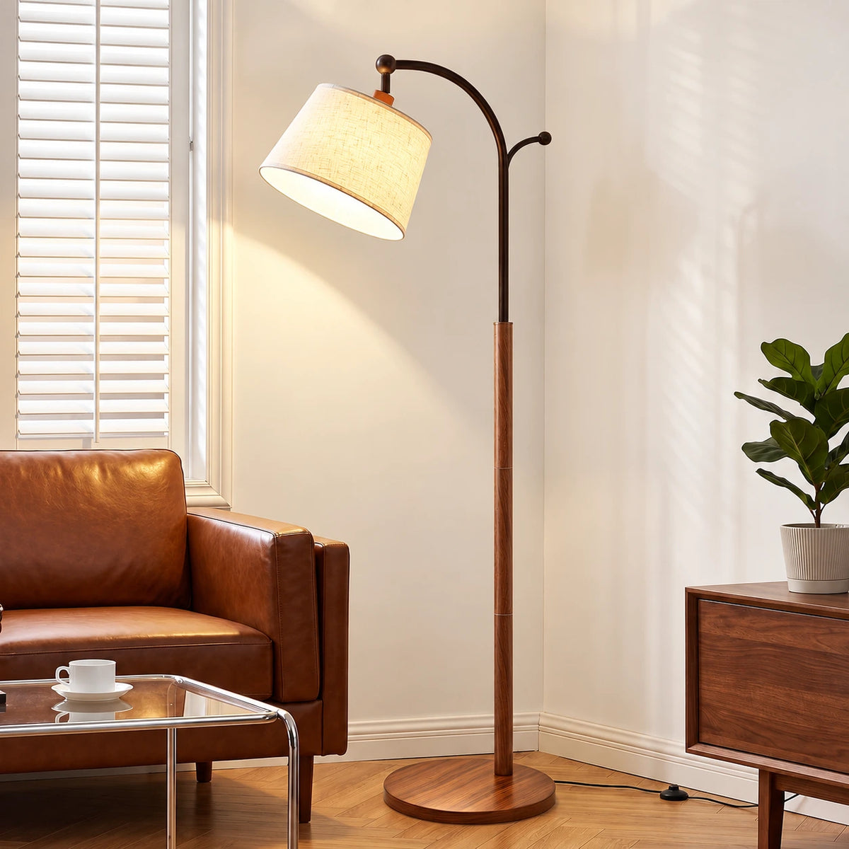 Mid-Century Arched Floor Lamp with Wood-Grain Finish