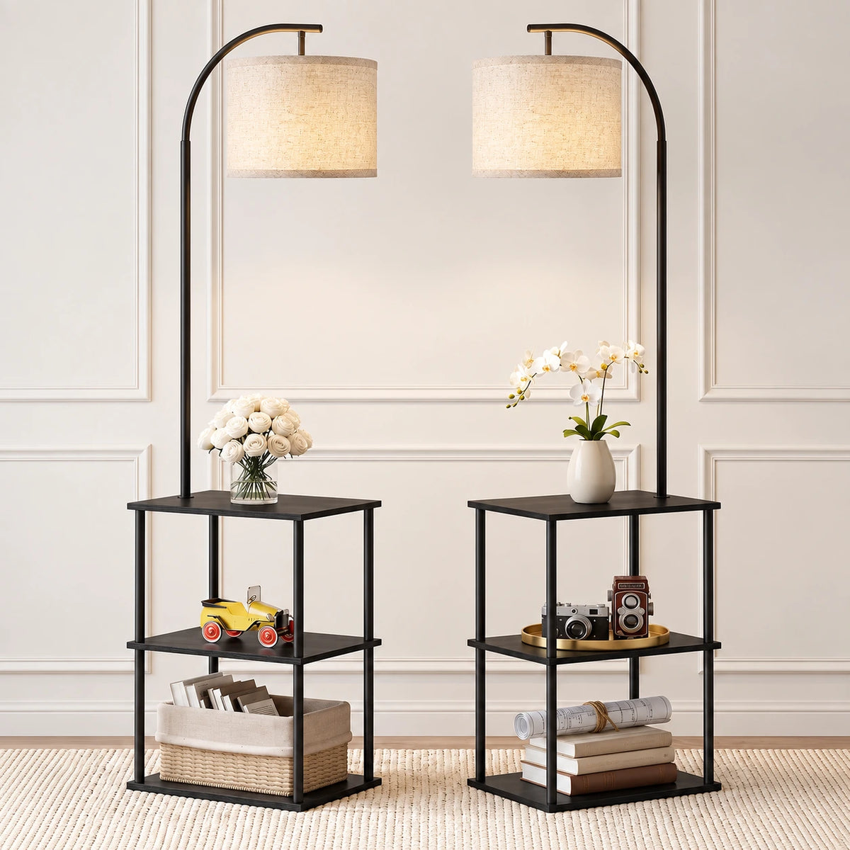 Modern Farmhouse Floor Lamp with Table & Shelves
