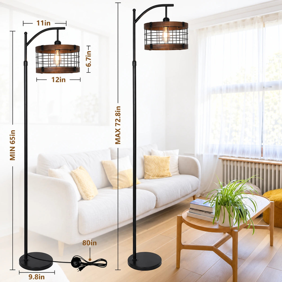 Rustic Industrial Arc Floor Lamp with Cage Shade