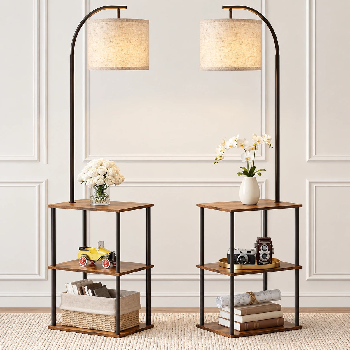 Modern Farmhouse Floor Lamp with Table & Shelves