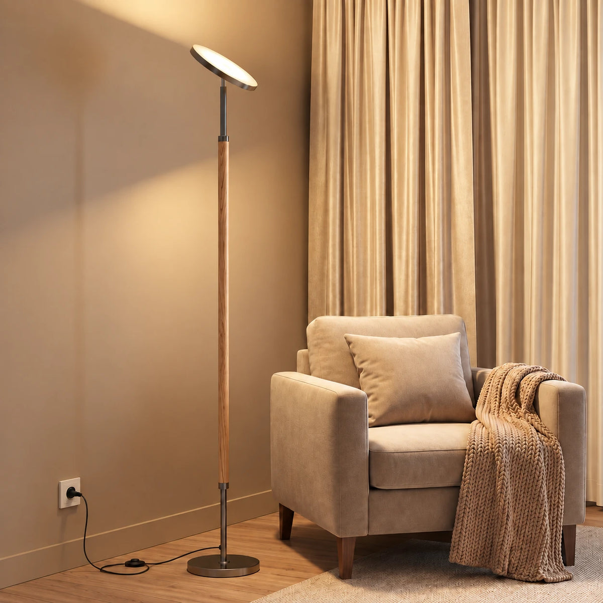 Mid-Century Wooden Torchiere Floor Lamp