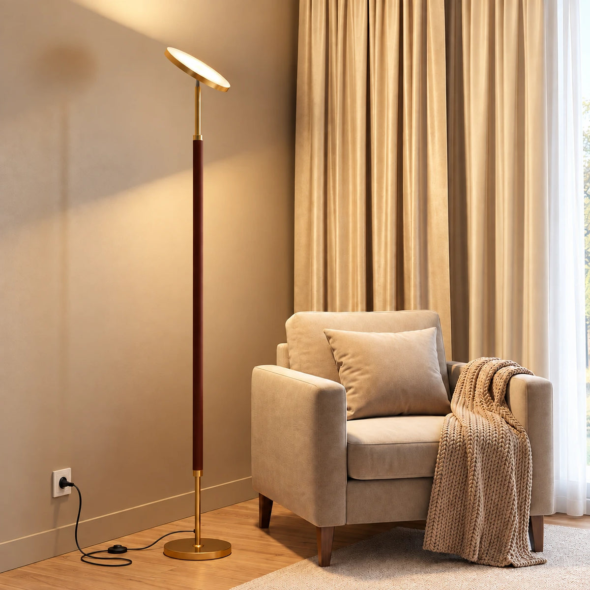 Mid-Century Wooden Torchiere Floor Lamp