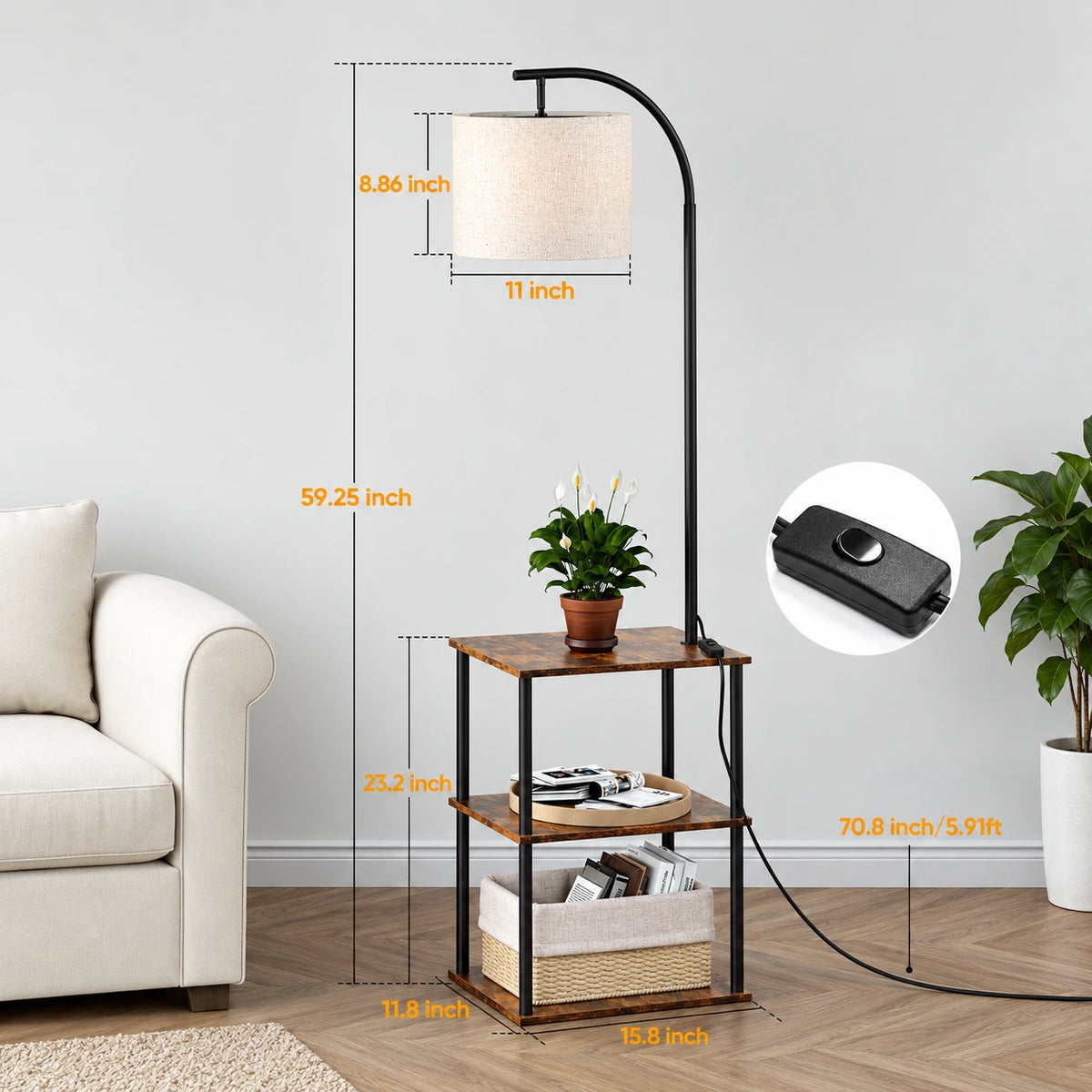 Modern Floor Lamp with Table & Storage Shelves