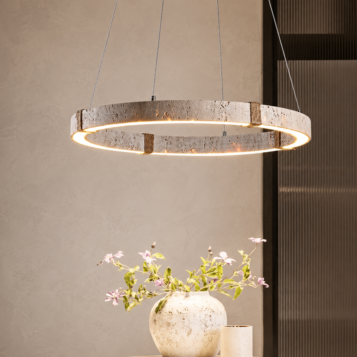 Stone Ring LED Pendant Light 28W Wabi Sabi Chandelier